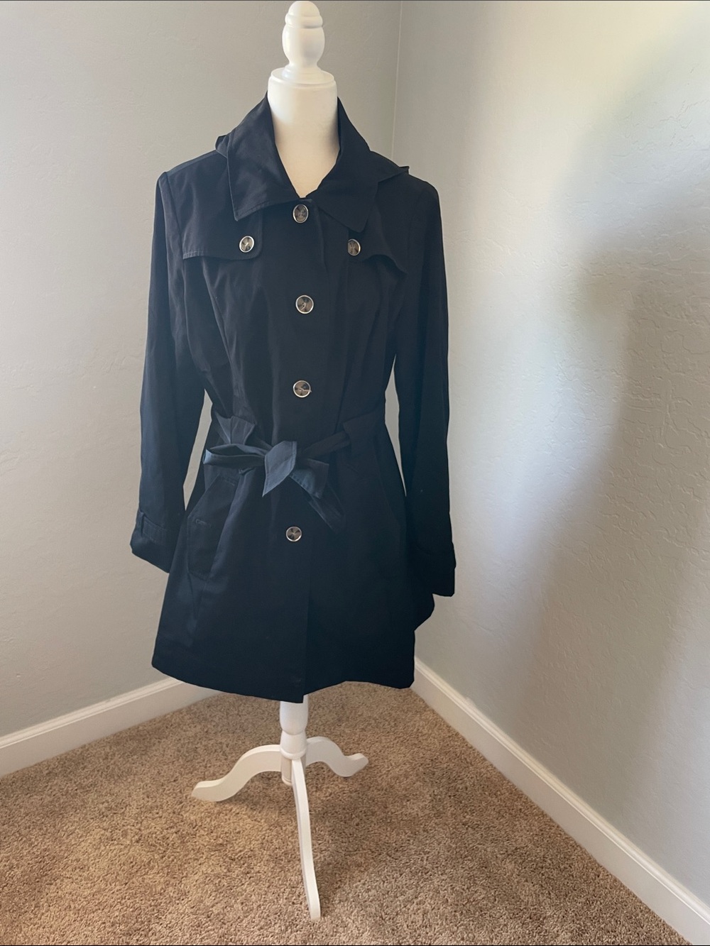 Liz Claiborne Black Belted Trench Coat with Removable Hood Size XL